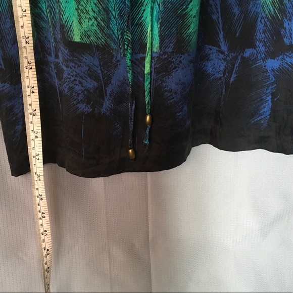 Silk Dress Blue/Green Feather Print Tie-Waist Dress - Picture 5 of 8